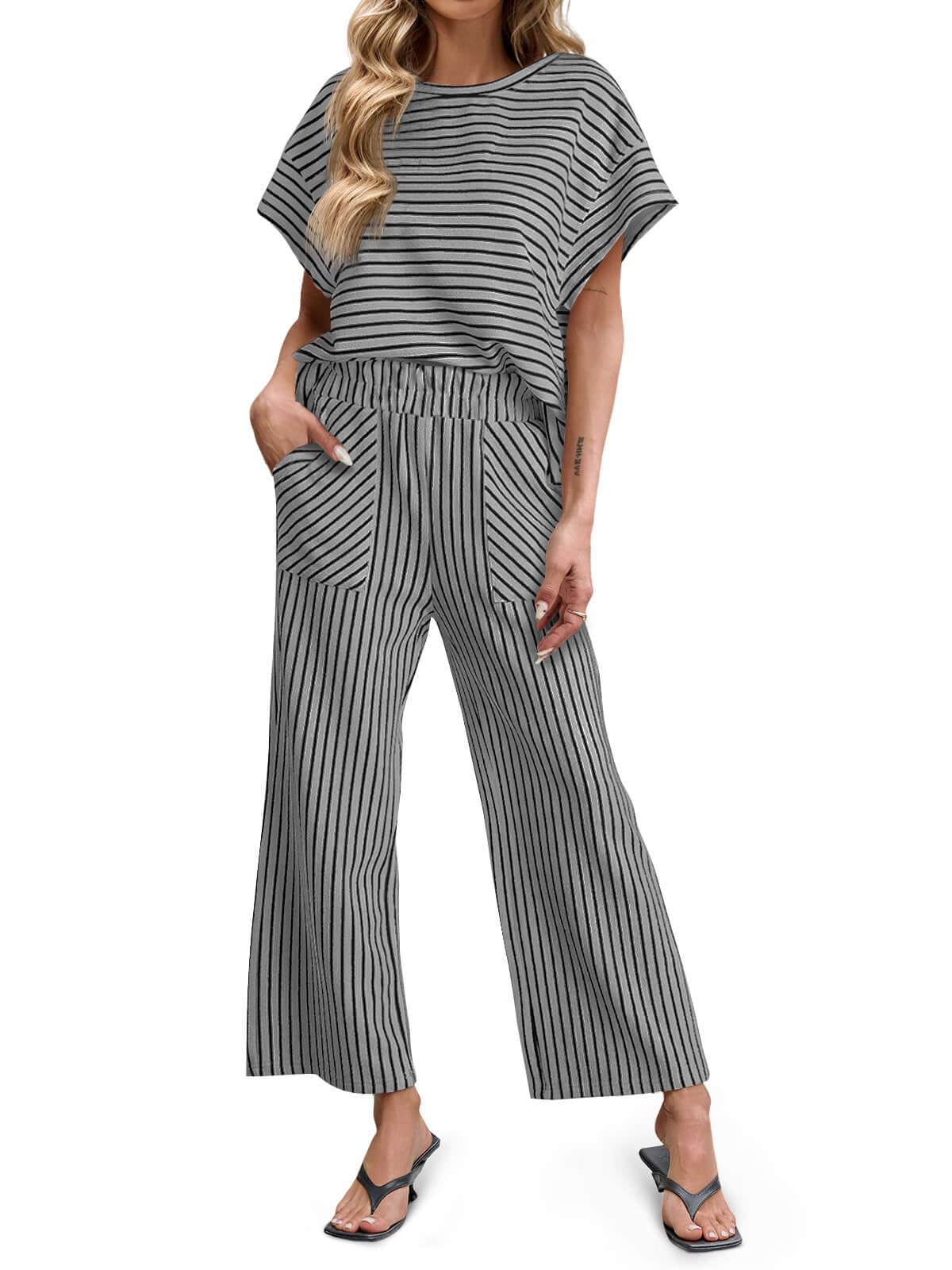 Women's Striped Short Sleeve Wide Leg Pants 2 Piece Sets with Pockets