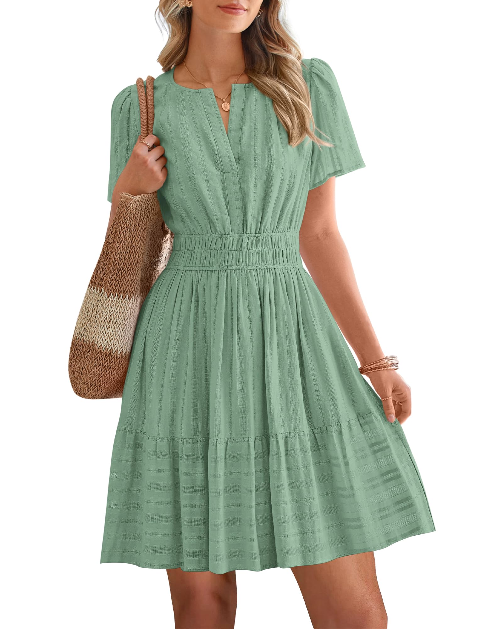 Women's Lightweight Short Sleeve V Neck Elastic Waist Mini Dress