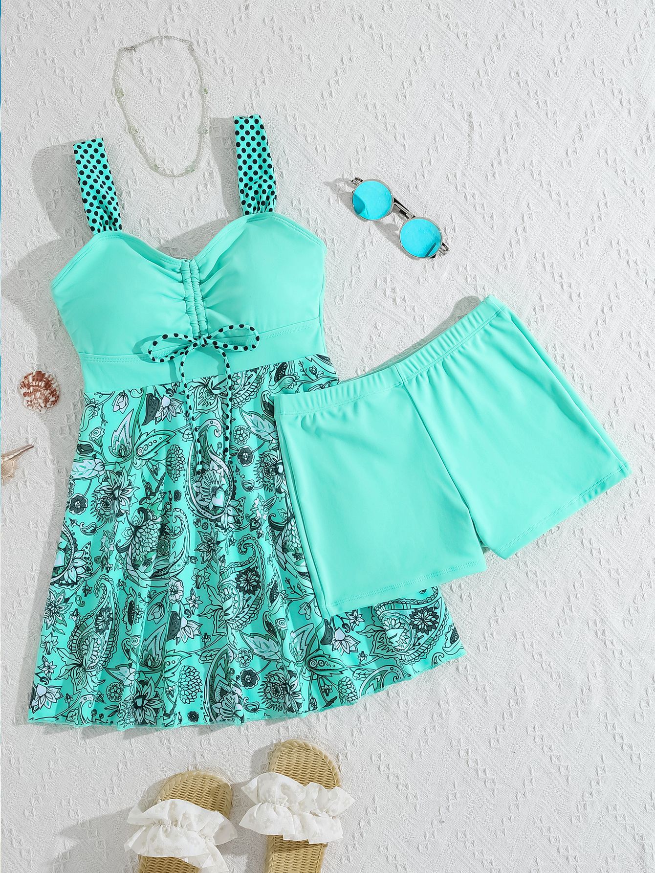 Women's Printed Strap Top & Fitted Swim Shorts Separable 2 Piece Swimsuit