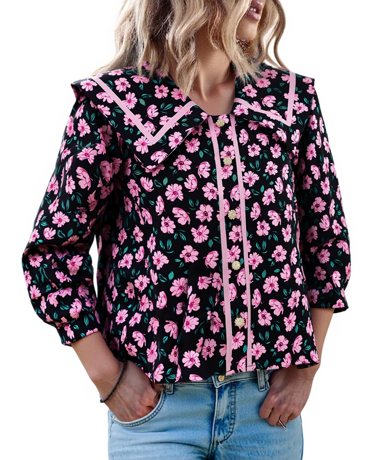 Women's Floral Collared 3/4 Lantern Sleeve Button Down Shirt