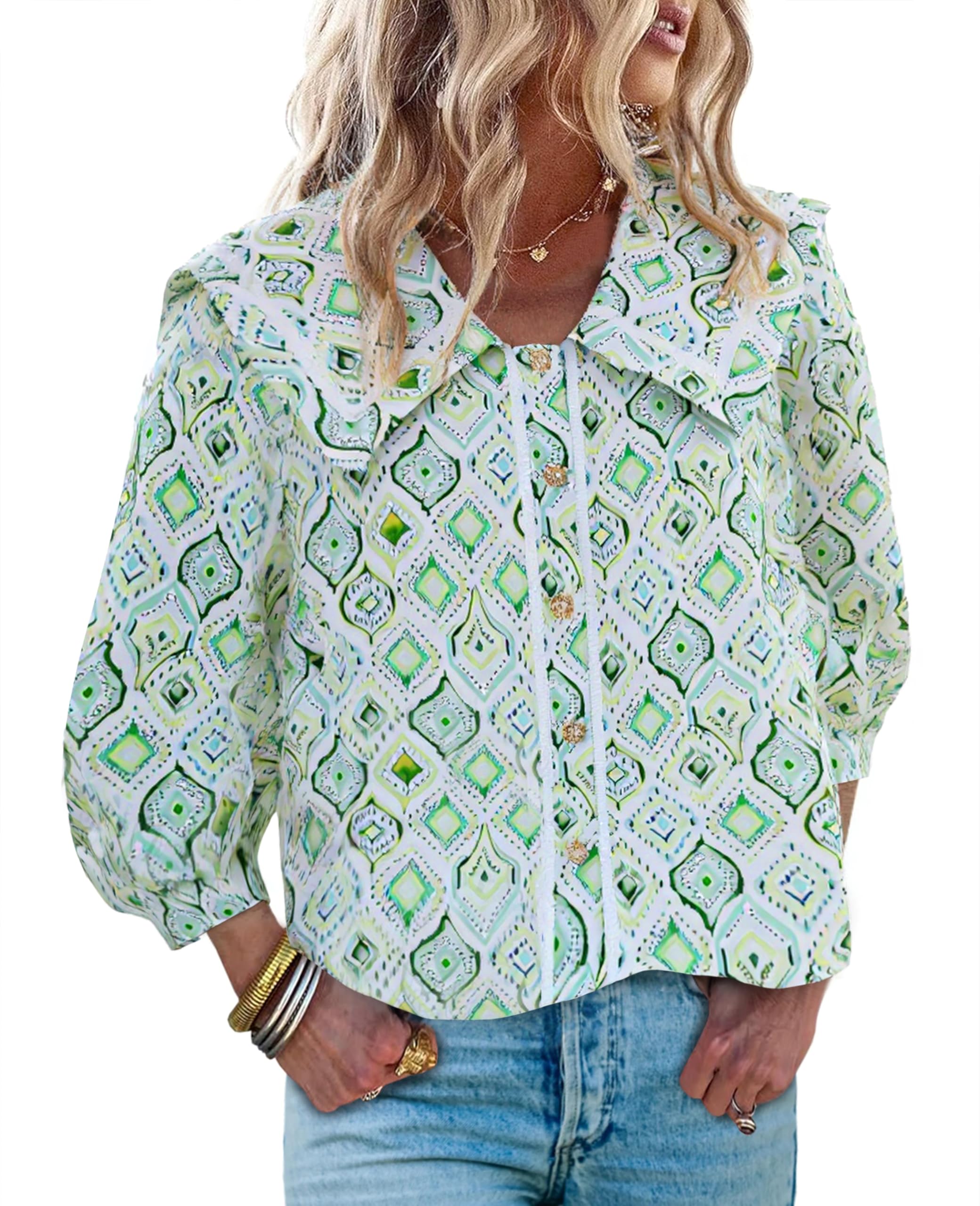 Women's Floral Collared 3/4 Lantern Sleeve Button Down Shirt