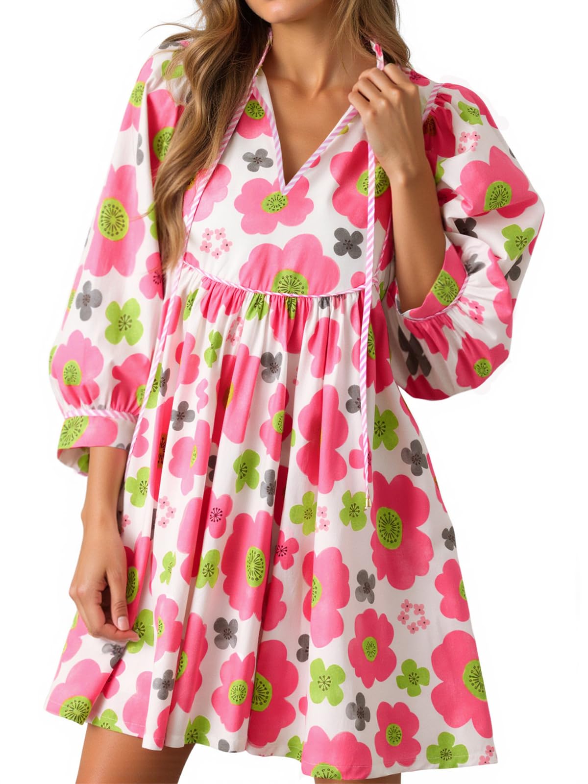 Women's Floral 3/4 Balloon Sleeve V Neck Flowy Babydoll Dress