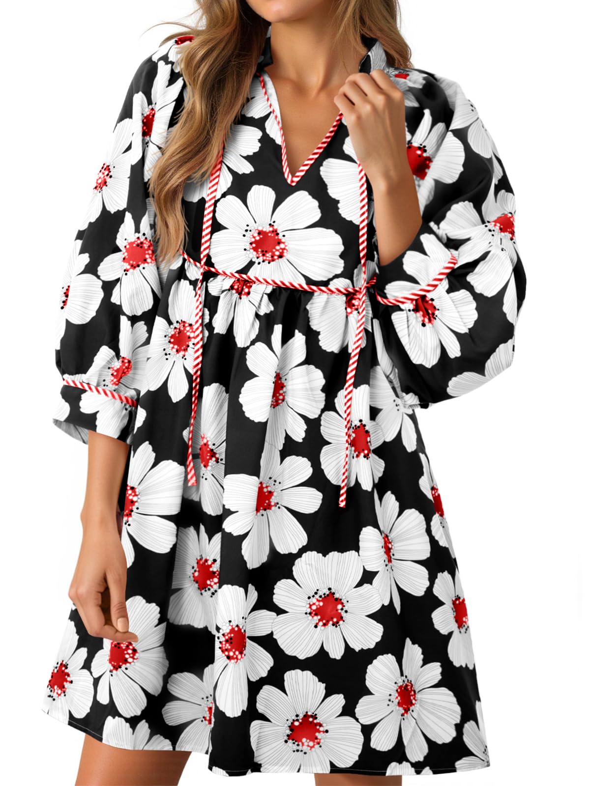 Women's Floral 3/4 Balloon Sleeve V Neck Flowy Babydoll Dress