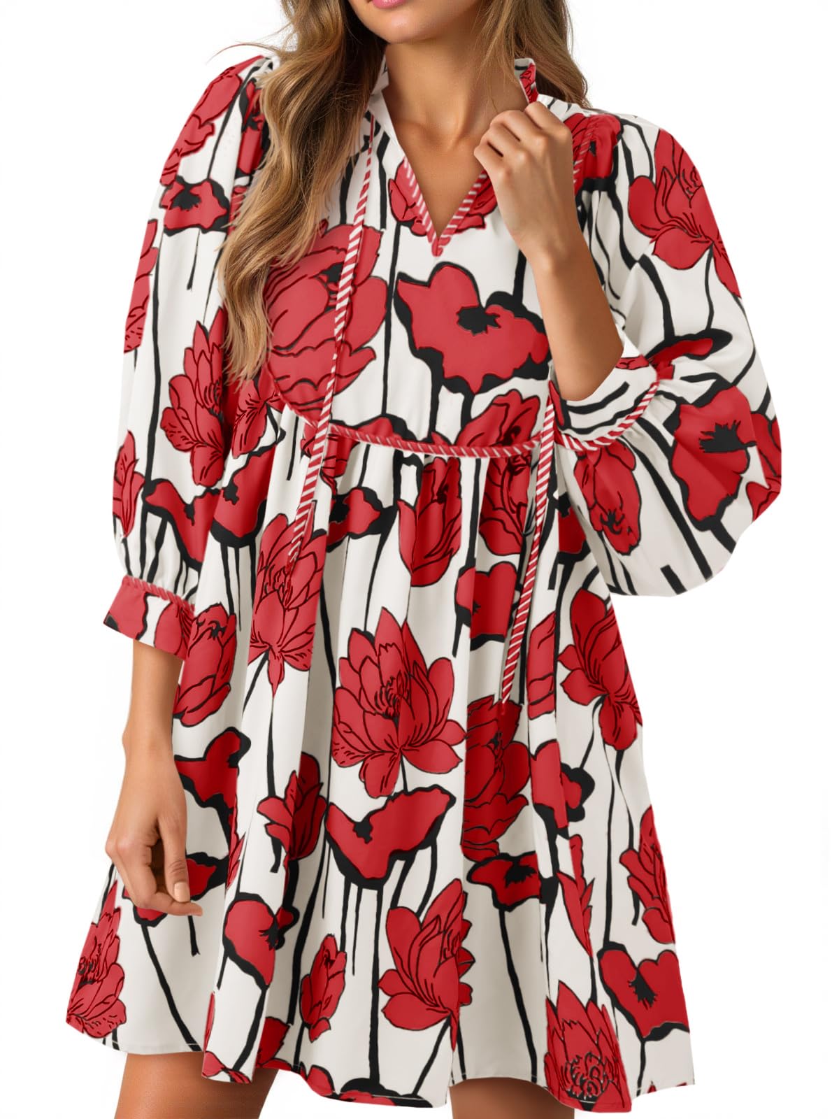 Women's Floral 3/4 Balloon Sleeve V Neck Flowy Babydoll Dress