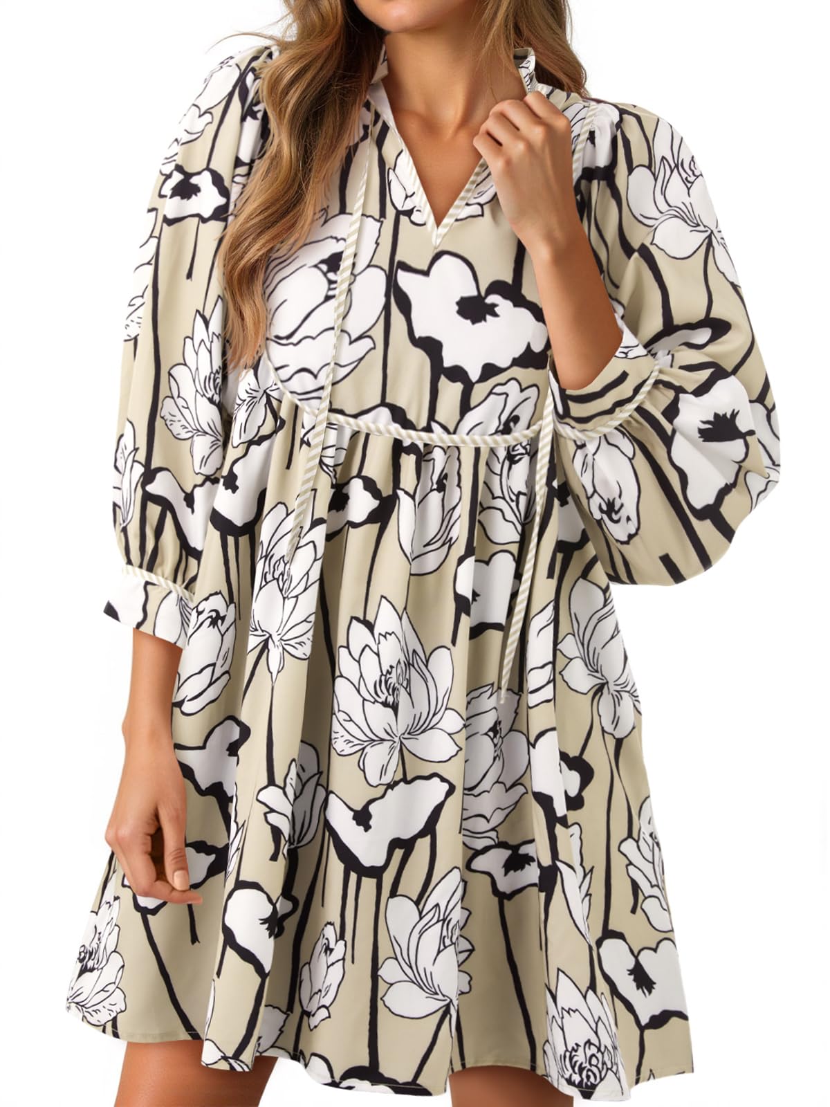 Women's Floral 3/4 Balloon Sleeve V Neck Flowy Babydoll Dress