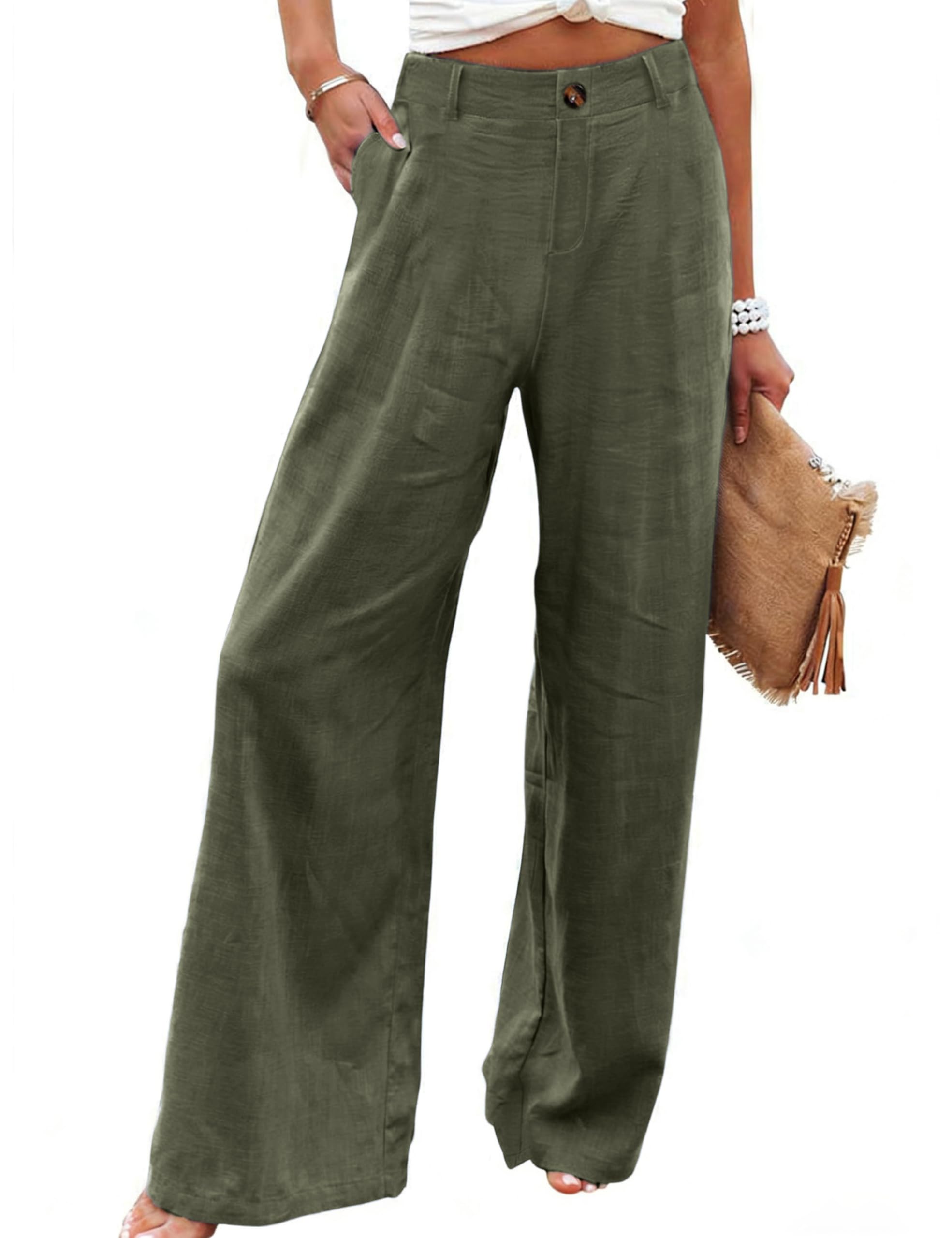 Women's Cotton Linen Casual Button Up Wide Leg Pants
