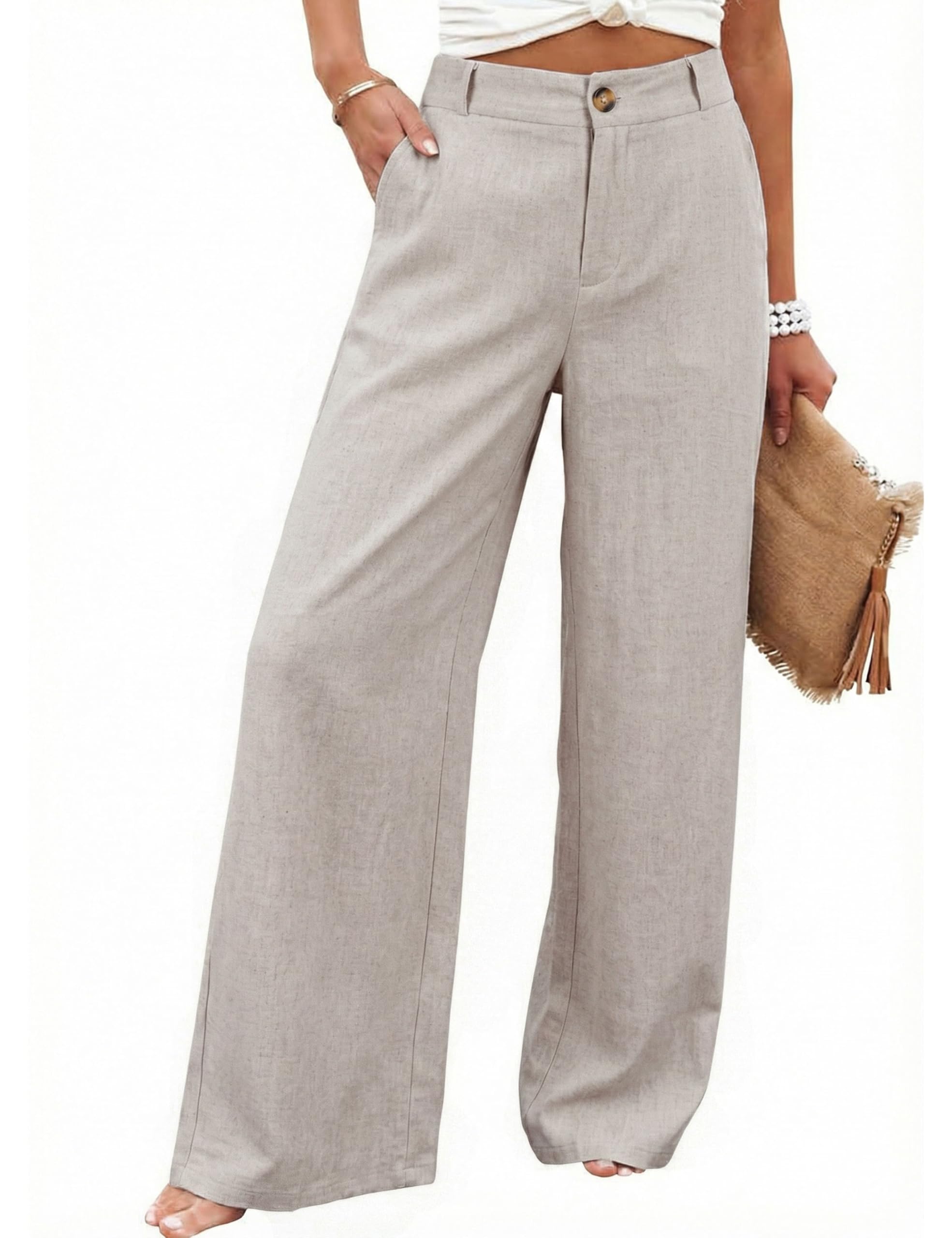 Women's Cotton Linen Casual Button Up Wide Leg Pants