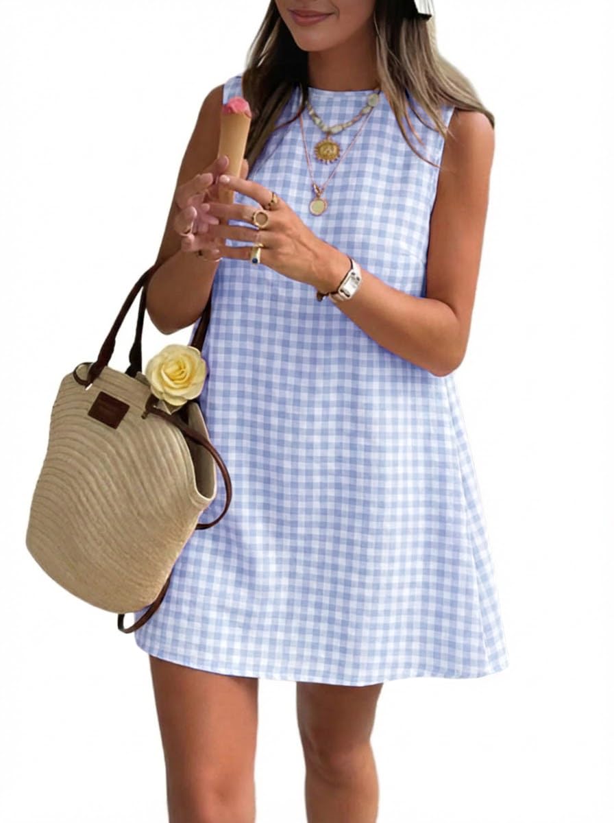 Women's Spring Summer Gingham Sleeveless Mini Dress