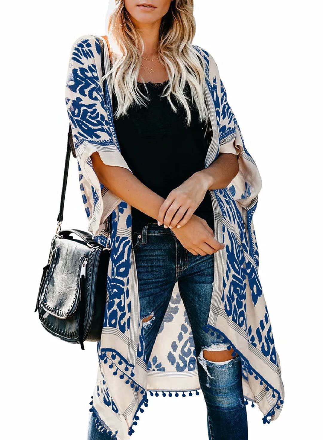 Women's Printed Slits Tassel Cardigan Kimonos Swimsuit Cover-Up
