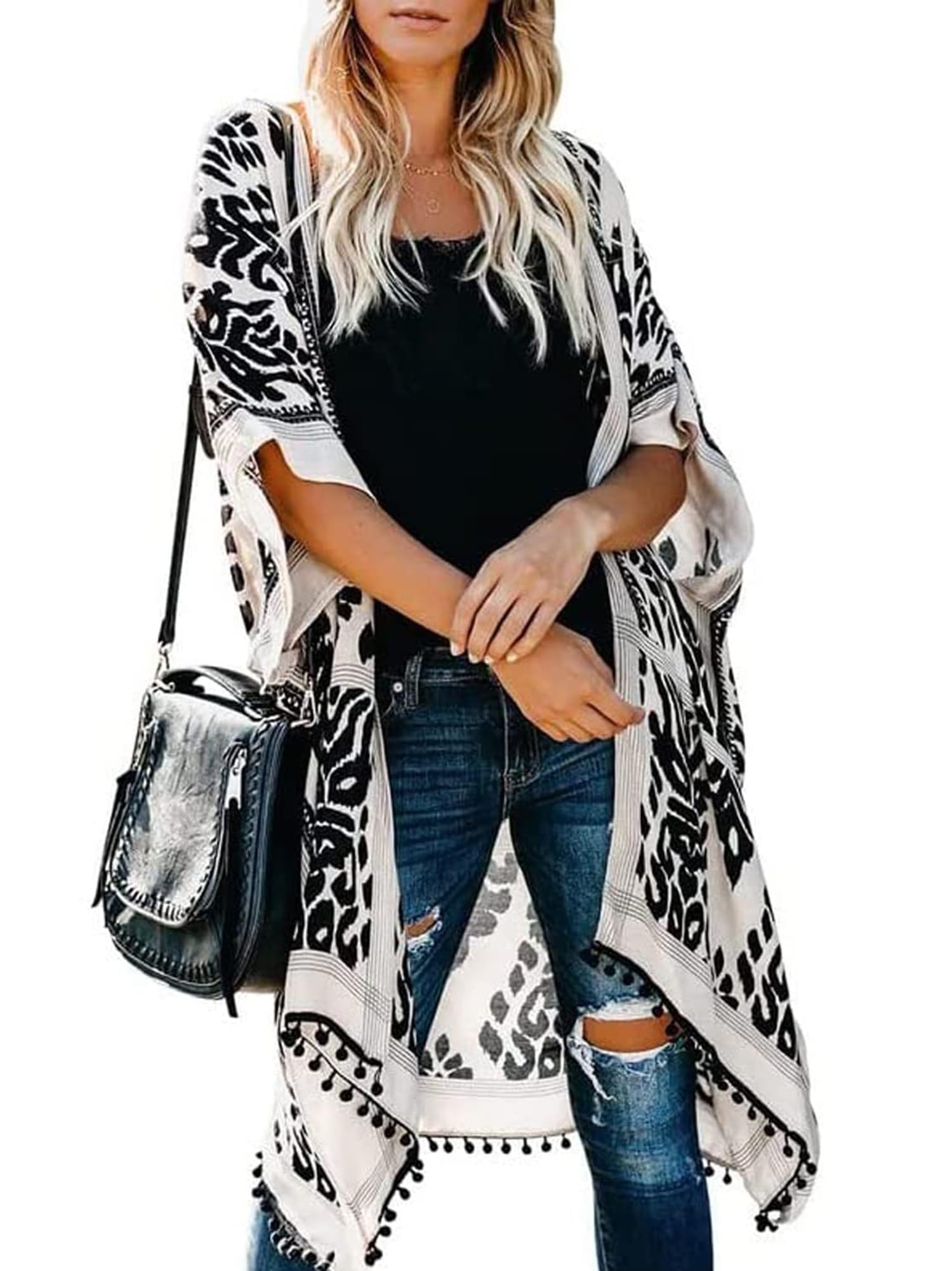 Women's Printed Slits Tassel Cardigan Kimonos Swimsuit Cover-Up