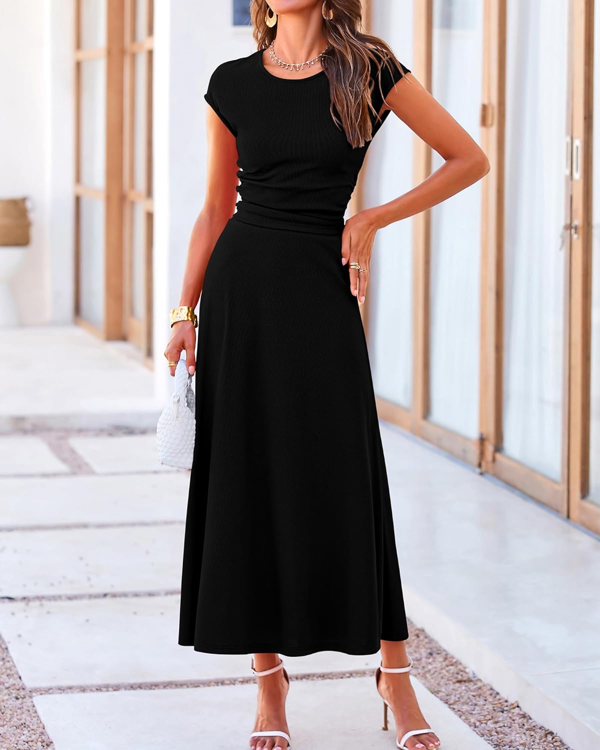 Casual Cropped Top Elastic Waist Swing Midi Skirts Set