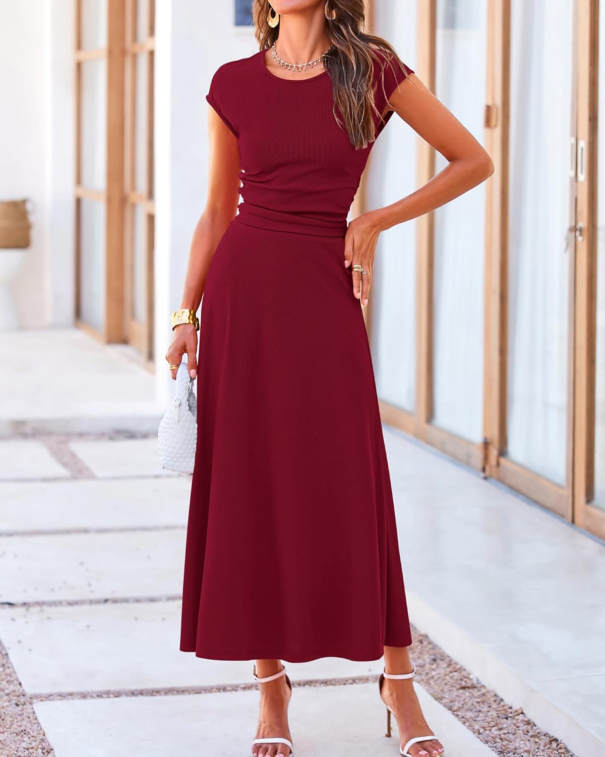 Casual Cropped Top Elastic Waist Swing Midi Skirts Set
