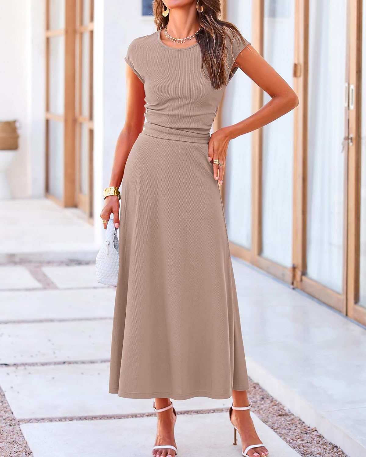 Casual Cropped Top Elastic Waist Swing Midi Skirts Set