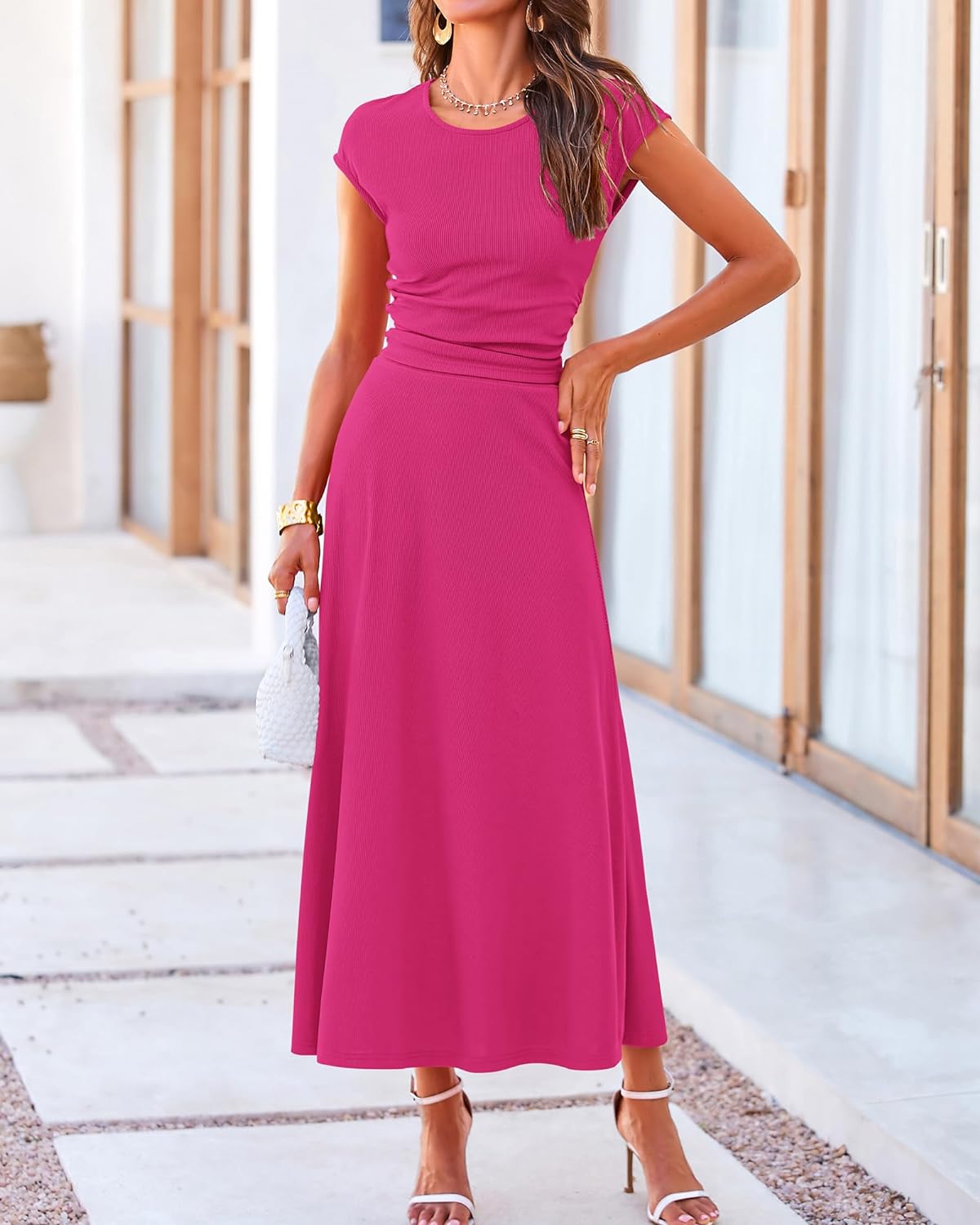 Casual Cropped Top Elastic Waist Swing Midi Skirts Set