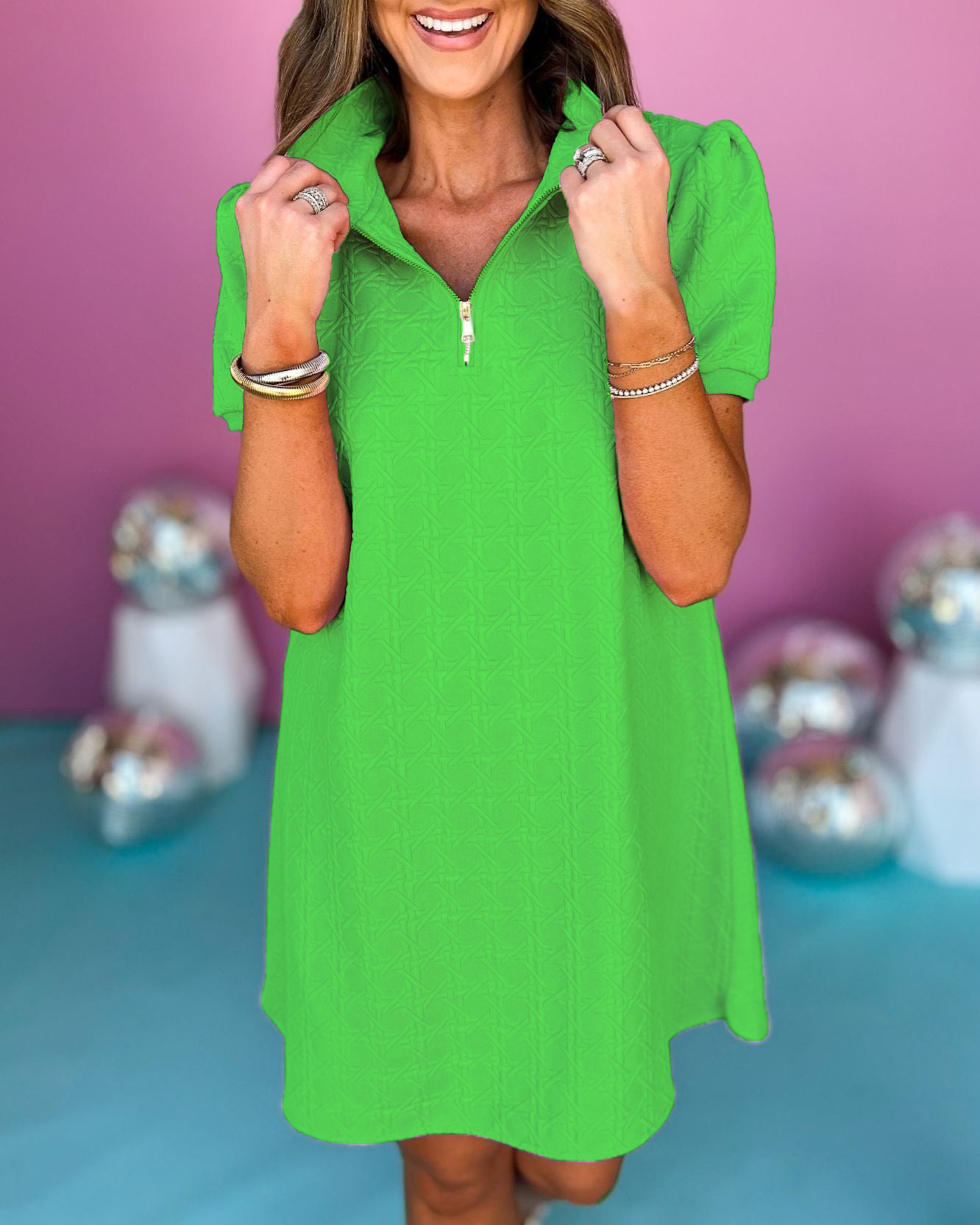 🔥Textured Quilted Half-zip Short Sleeve Mini Dress (Buy 2 Free Shipping)