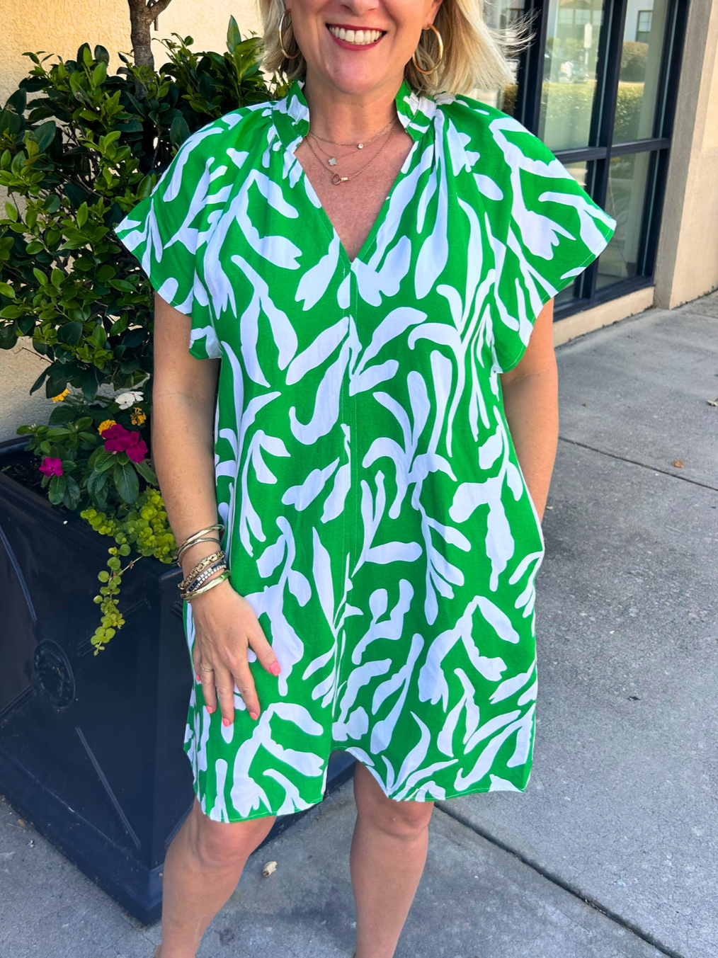 Printed V Neck Ruffled Dress