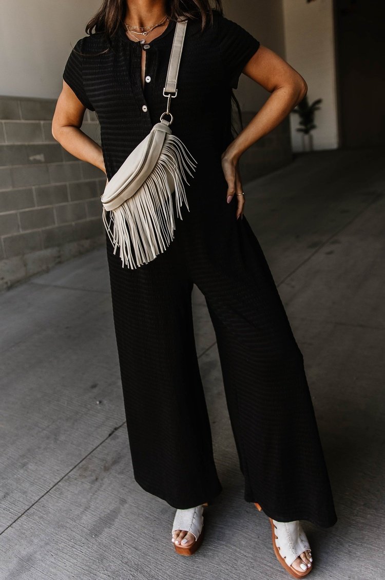 Short Sleeve Button-front Textured Jumpsuit
