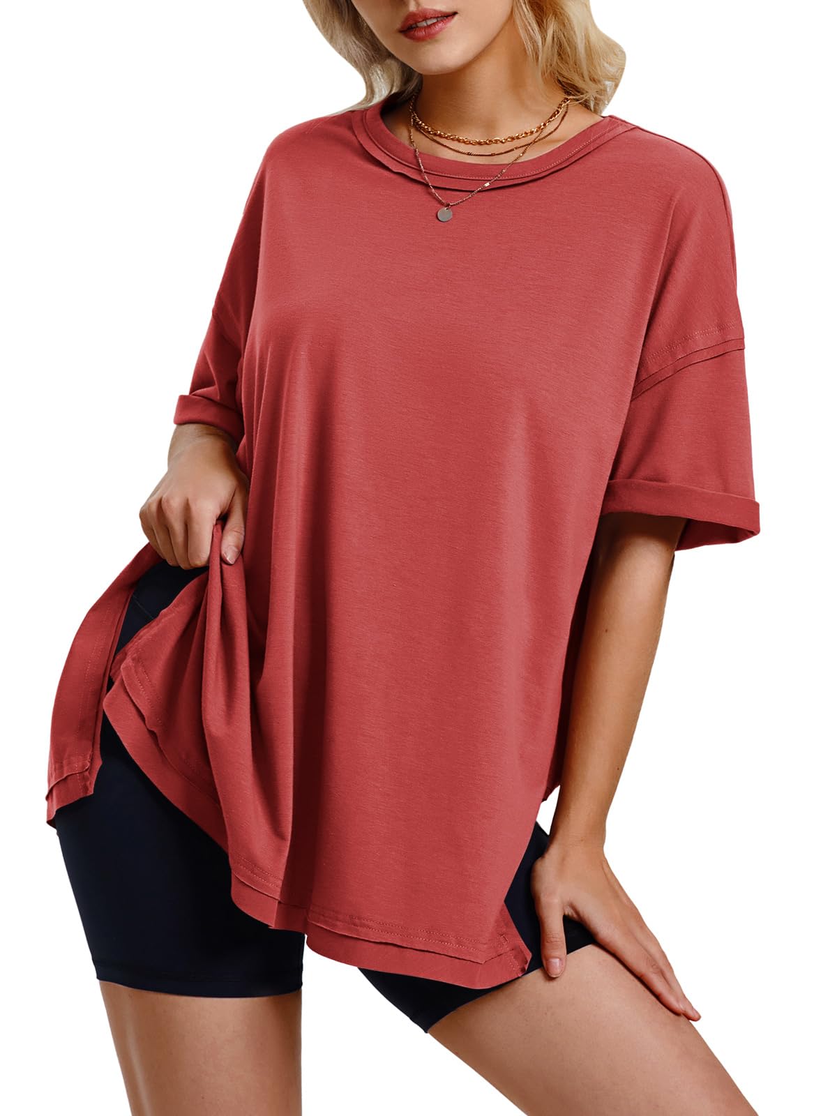 HOT SALE Oversized Crewneck Loose Side Slit Plus T-shirts