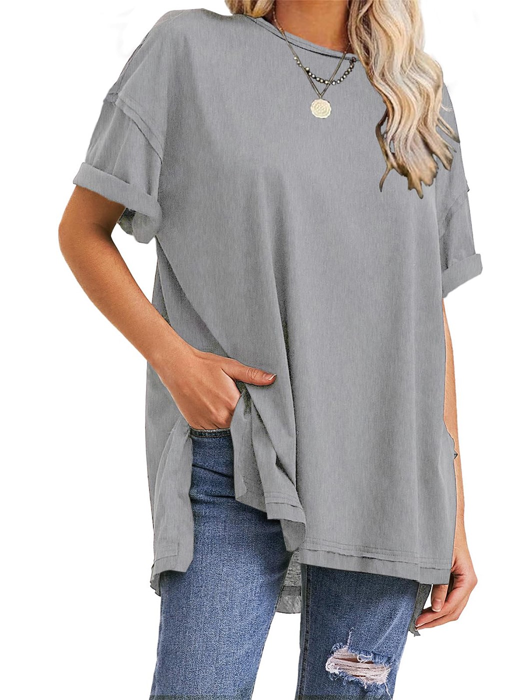 HOT SALE Oversized Crewneck Loose Side Slit Plus T-shirts