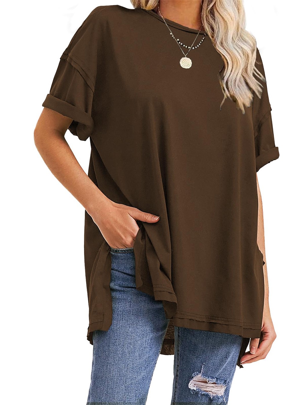 HOT SALE Oversized Crewneck Loose Side Slit Plus T-shirts