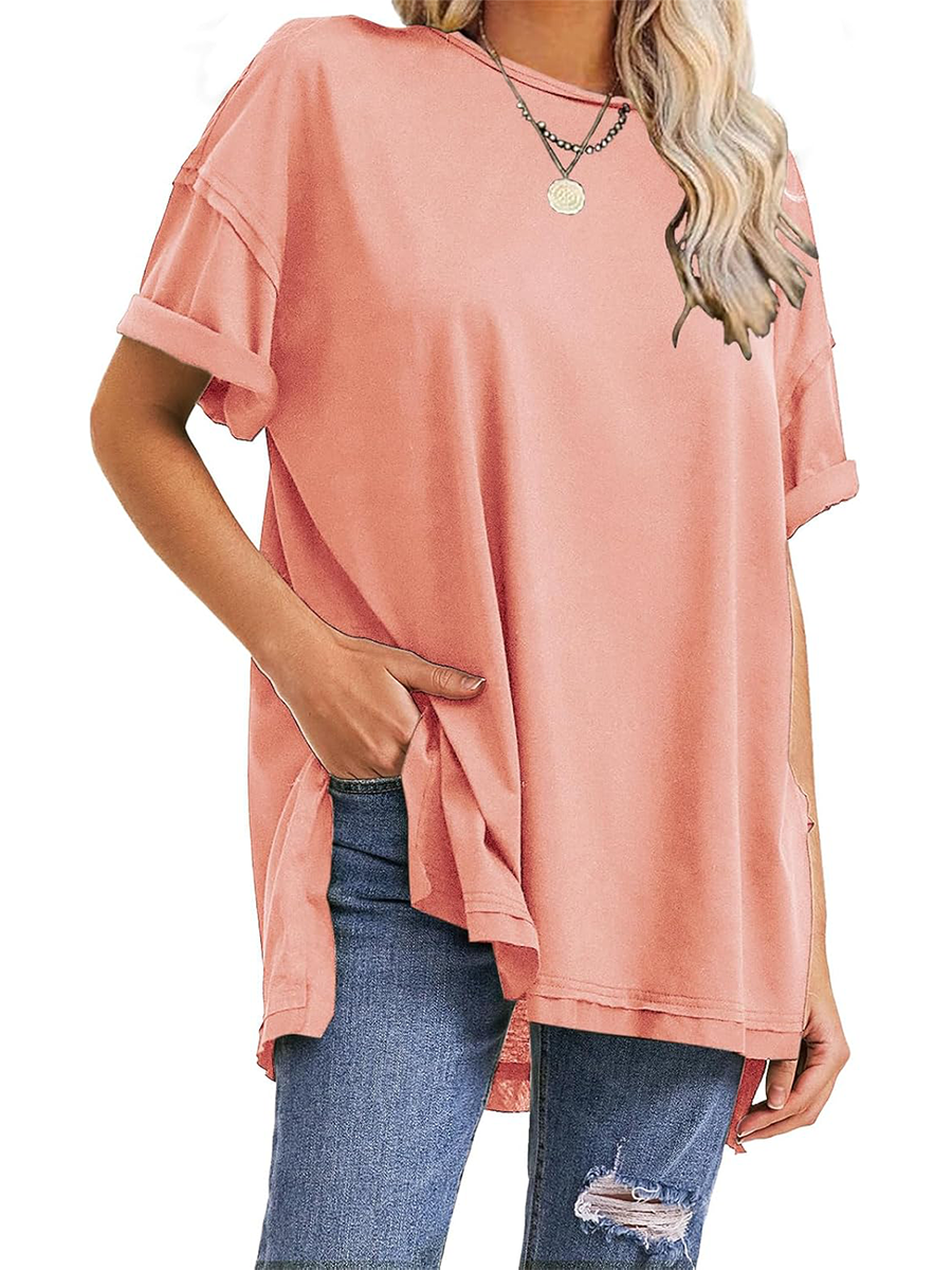 HOT SALE Oversized Crewneck Loose Side Slit Plus T-shirts