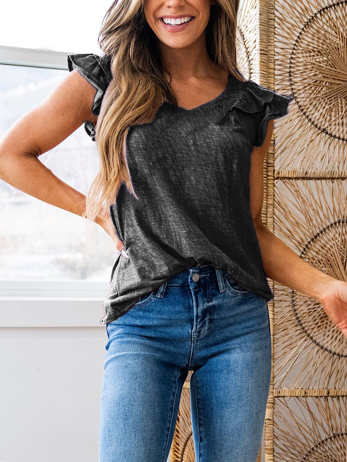 HOT SALE V Neck Flutter Ruffle Smocked Sleeve Top