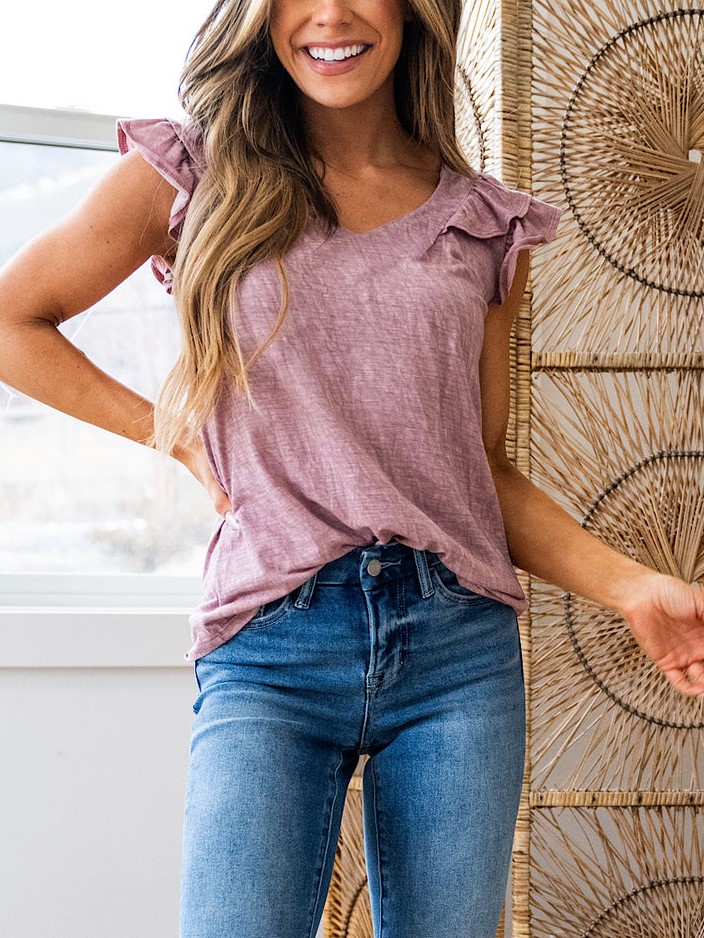 HOT SALE V Neck Flutter Ruffle Smocked Sleeve Top