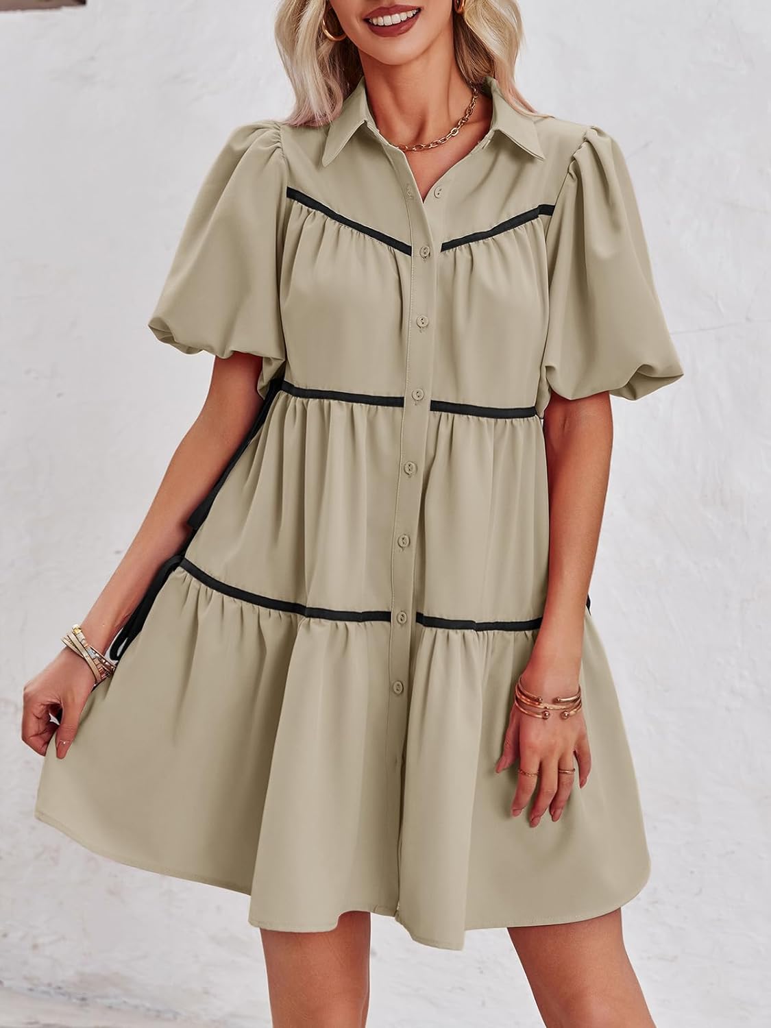 🔥Summer Contrasting Puff Short Sleeve Tiered Mini Dress (Buy 2 Free Shipping)