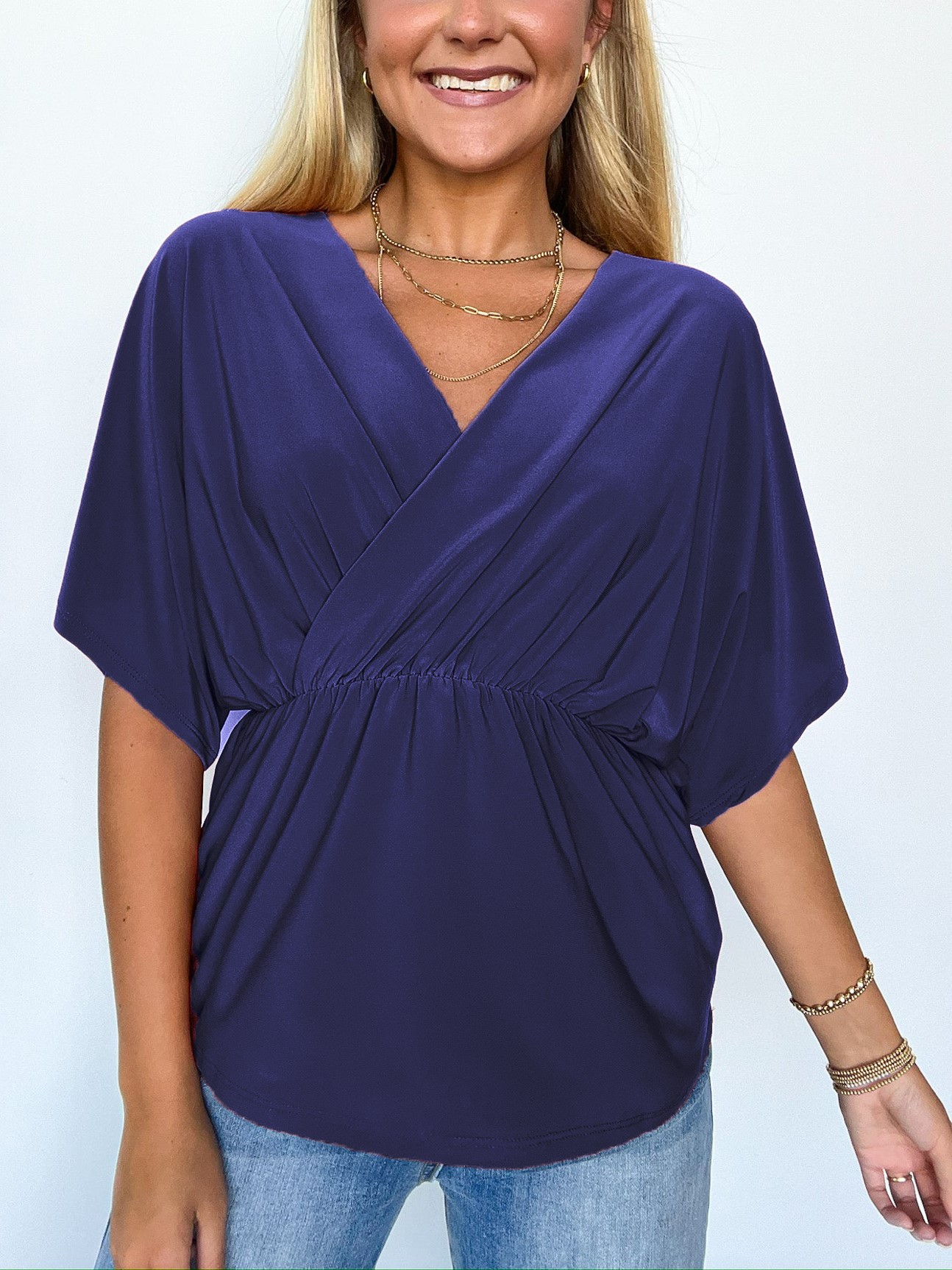 HOT SALE V Neck Solid Surplice Flowy Tunic Top