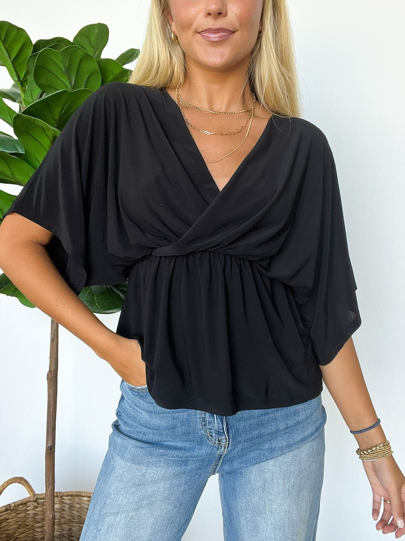 HOT SALE V Neck Solid Surplice Flowy Tunic Top