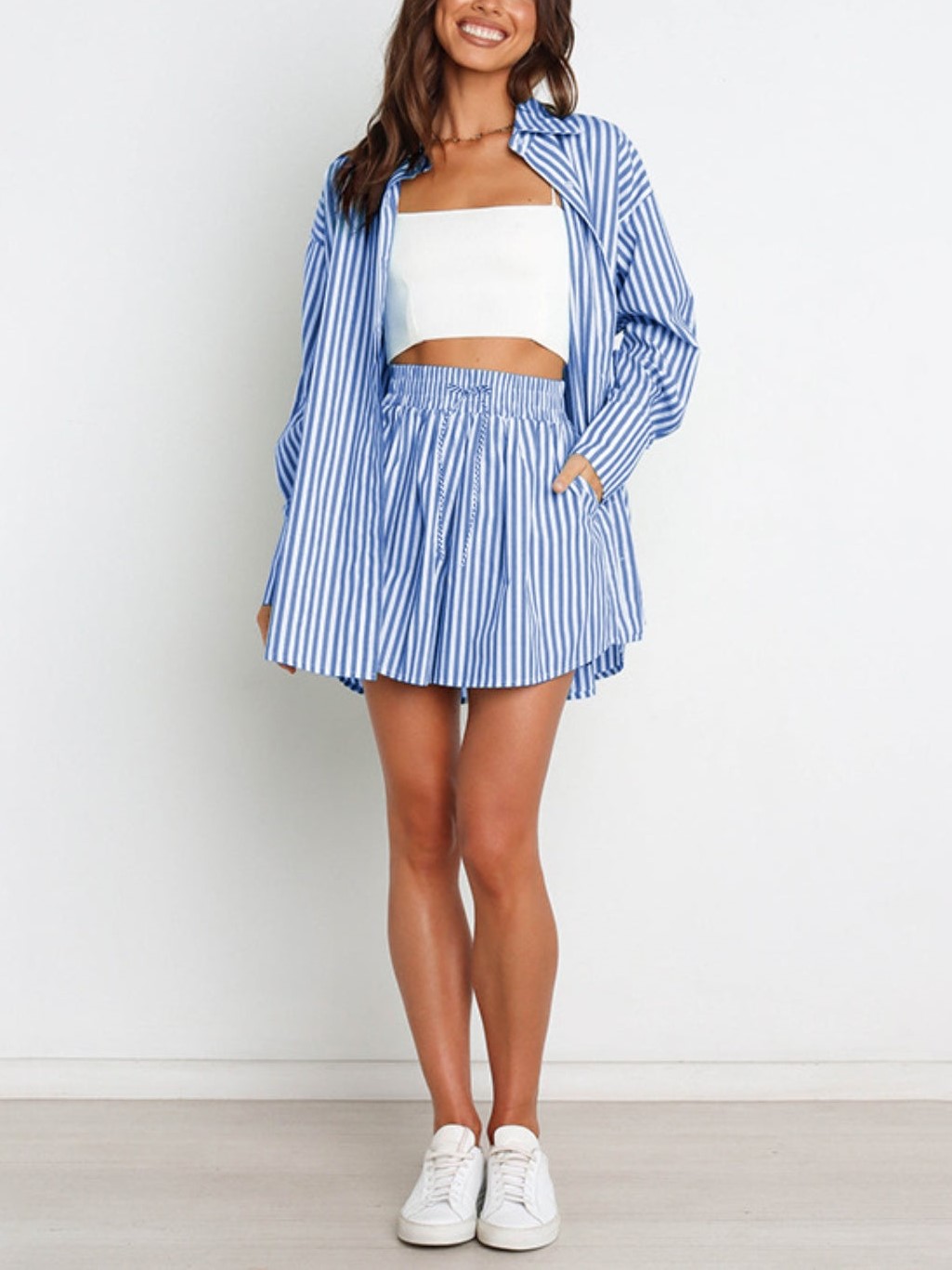 HOT SALE Striped Dropped Shoulder Shirt and Shorts Set