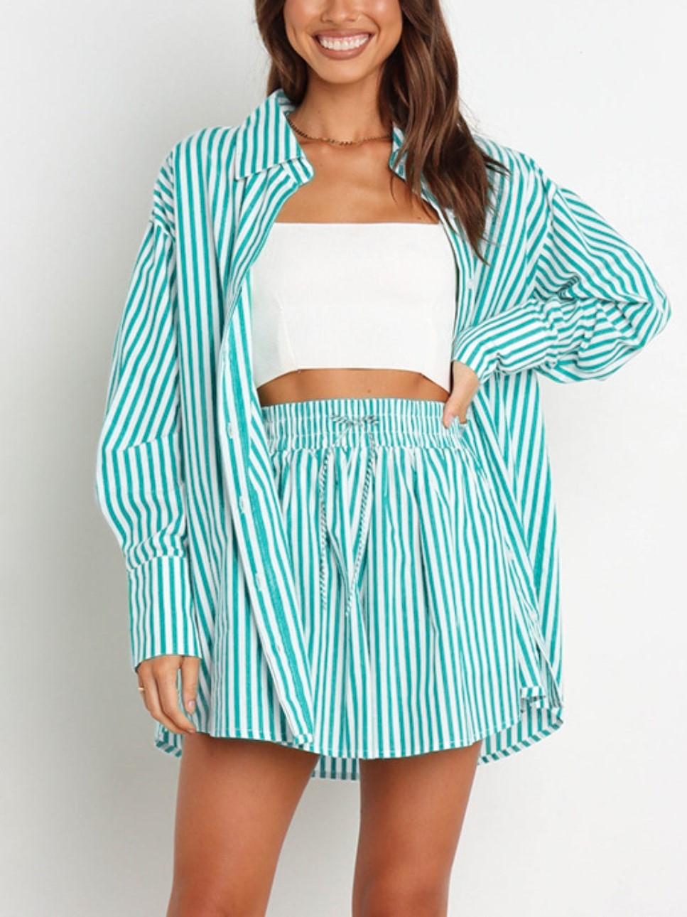 HOT SALE Striped Dropped Shoulder Shirt and Shorts Set