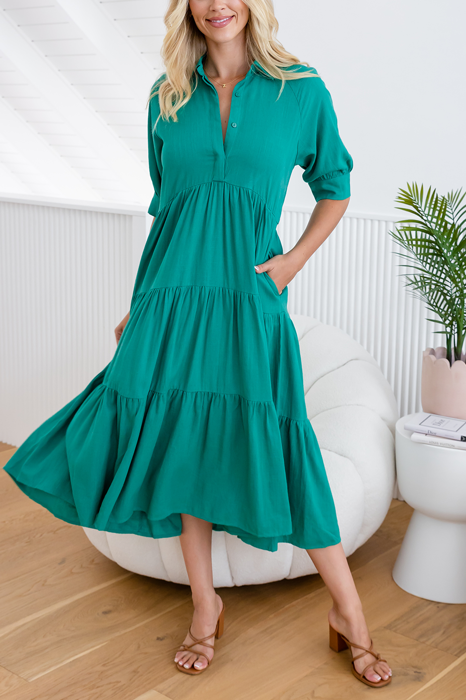 HOT SALE Mid-sleeved Shirt Tiered Maxi Dress