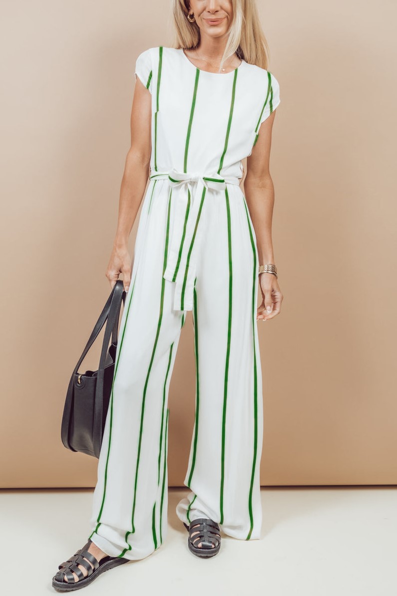 Short Capped Sleeve Striped Lace-up Jumpsuit