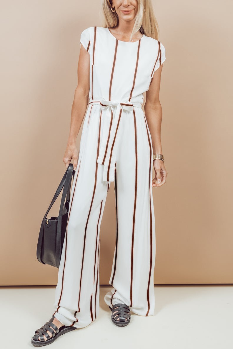 Short Capped Sleeve Striped Lace-up Jumpsuit