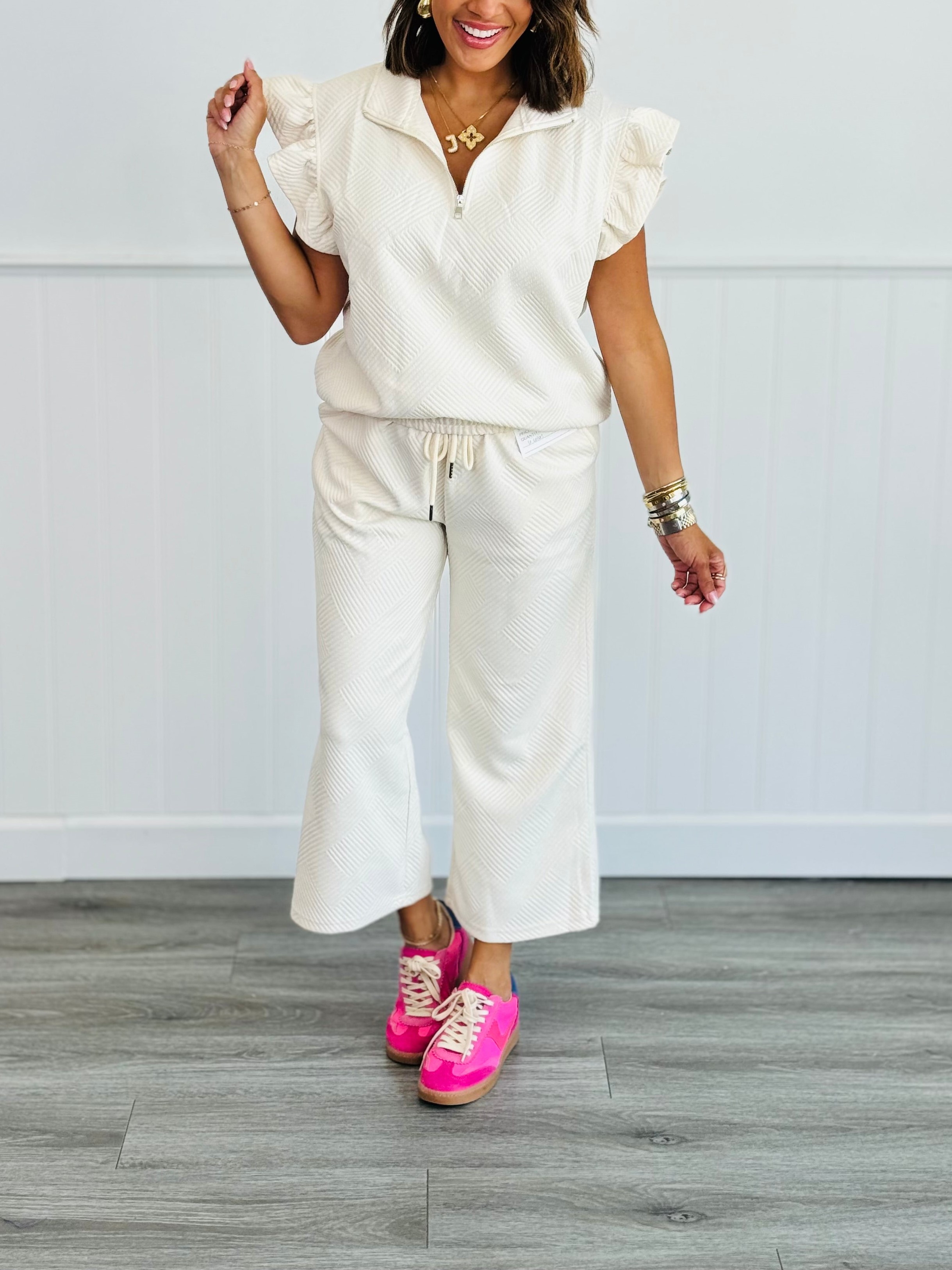 Textured Ruffle Sleeve Top & Pants Set