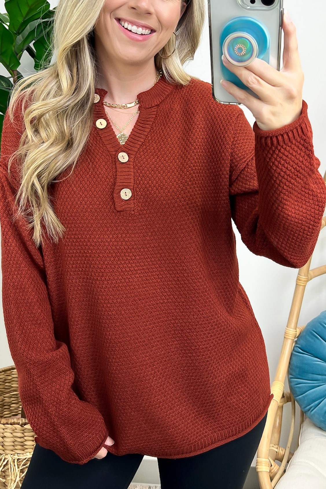 Half Button Henley Knit Sweater