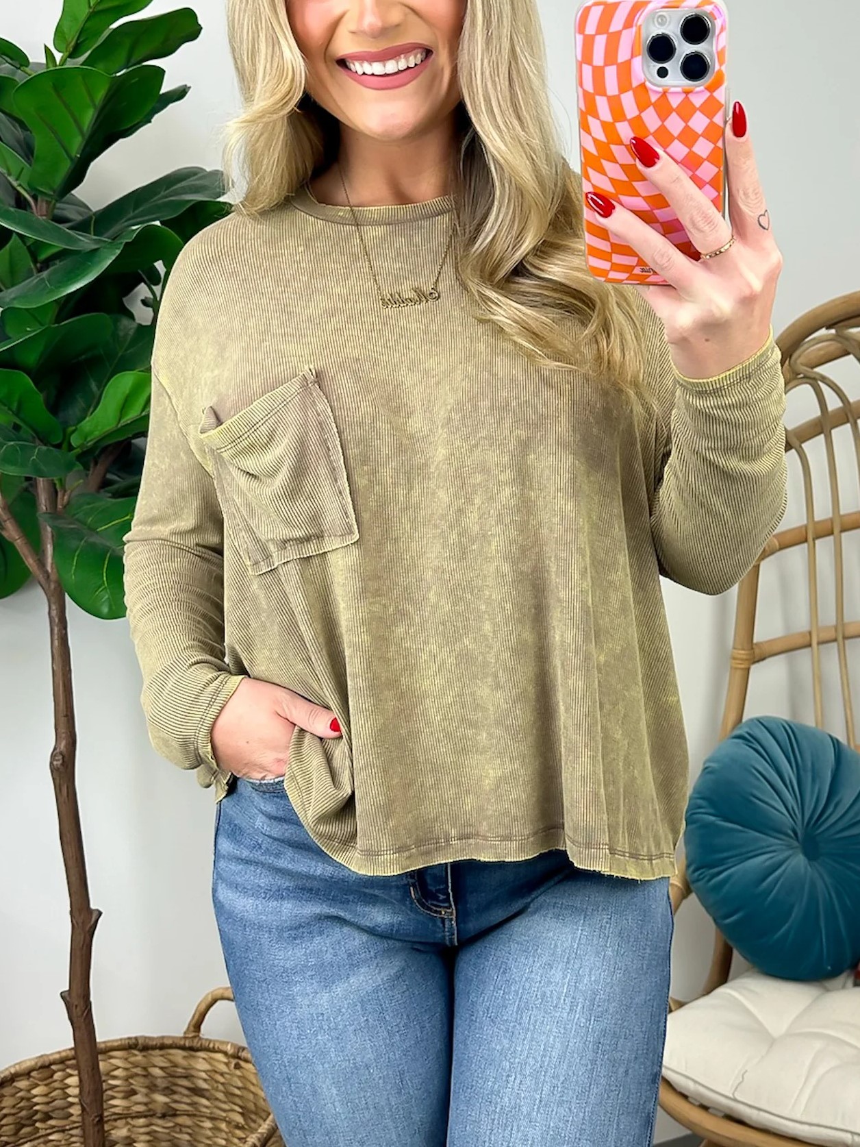 Washed Dolman Sleeve Pocket Top