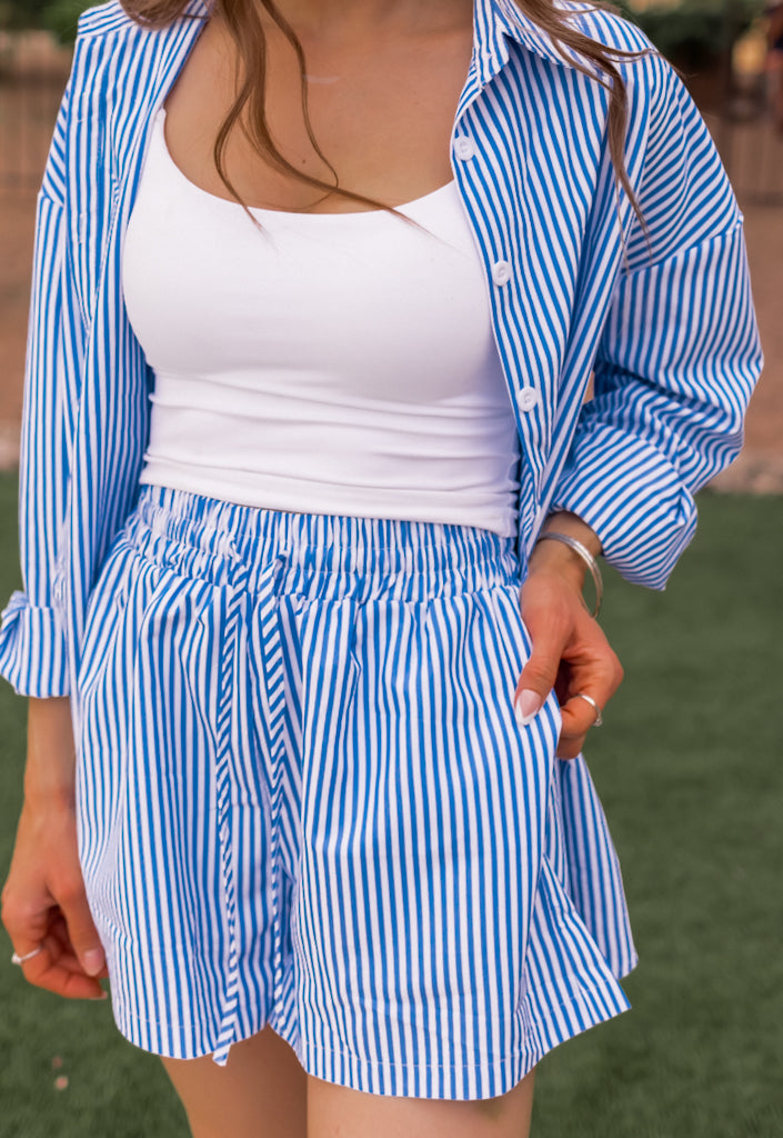 HOT SALE Striped Dropped Shoulder Shirt and Shorts Set