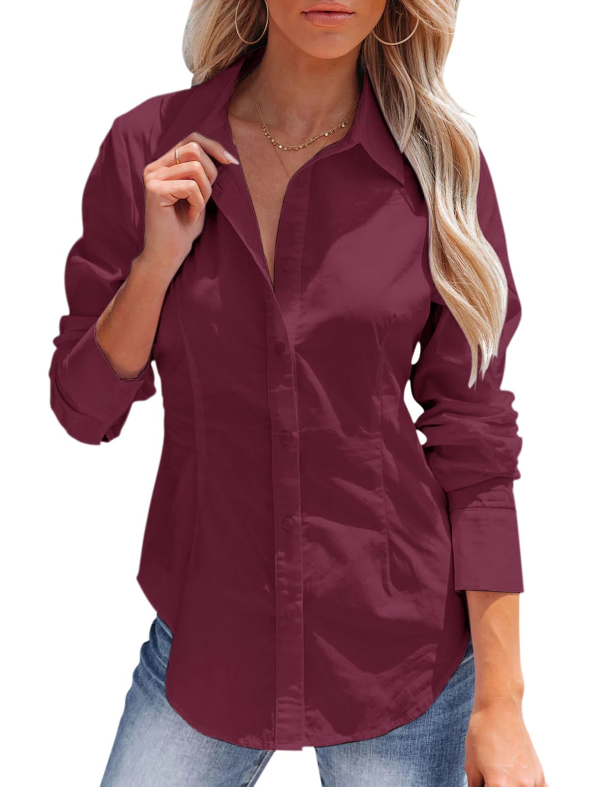 Women's Long Sleeve Button Down Basic Shirt, Wrinkle-Free Collared Blouse