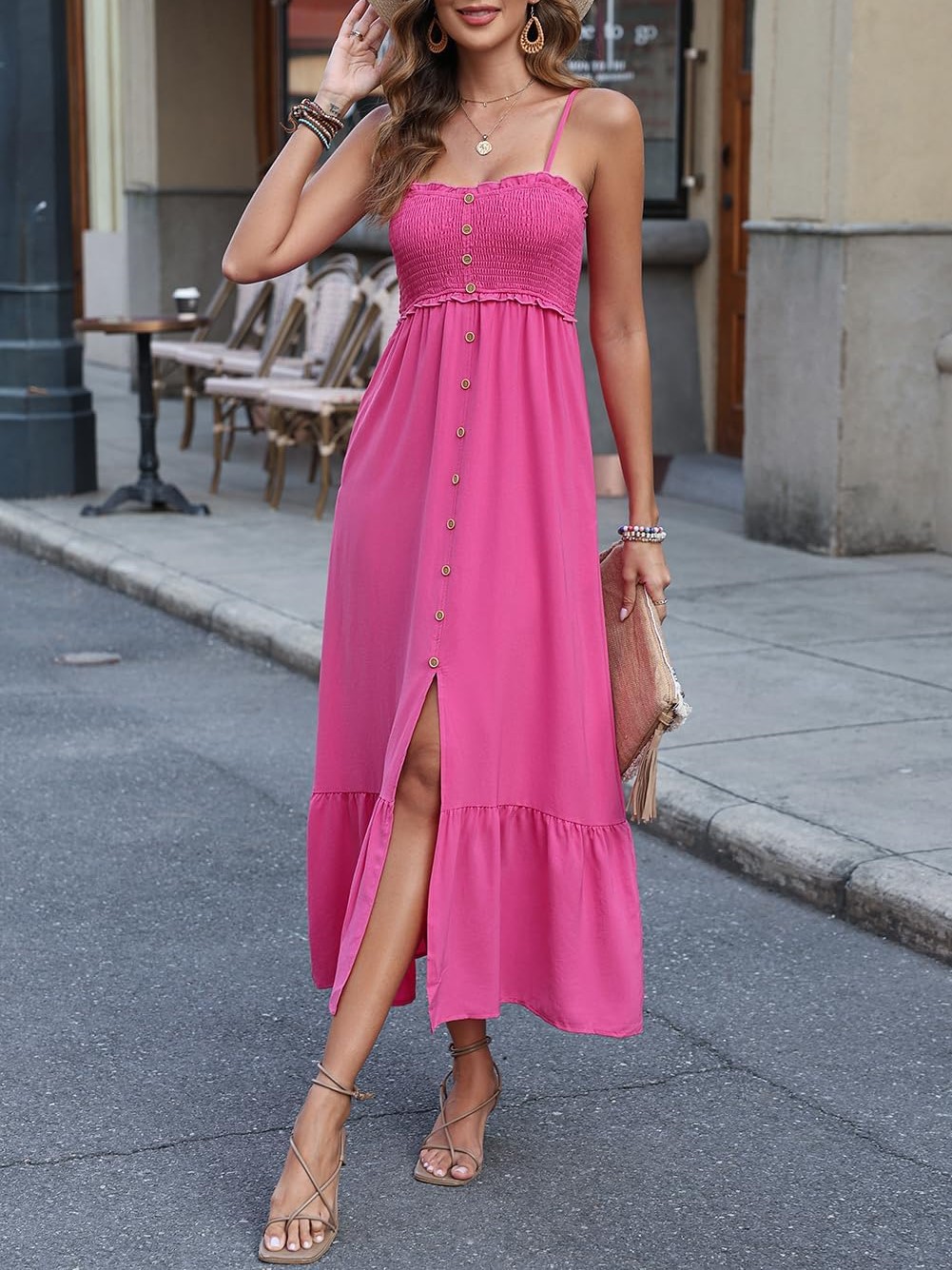 HOT SALE 2024 Sleeveless Spaghetti Strap Button Slit Maxi Dress with Pockets (Buy 2 Free Shipping)
