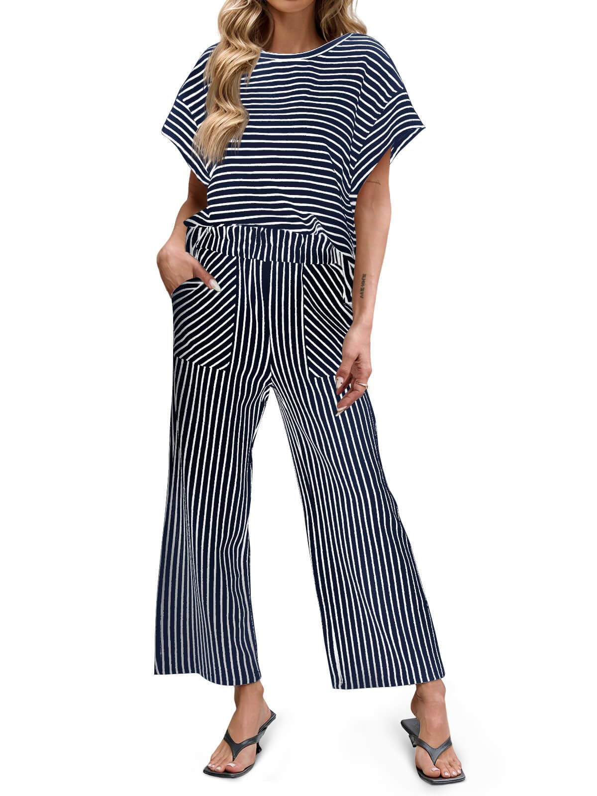 Women's Striped Short Sleeve Wide Leg Pants 2 Piece Sets with Pockets