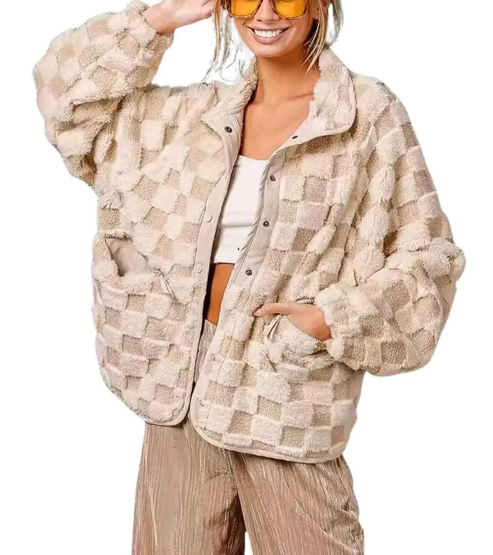 Women's Winter Casual Checkered Fleece Sherpa Jacket