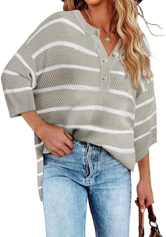 Women's Striped Button Down V Neck 3/4 Sleeve Lightweight Knit Pullover