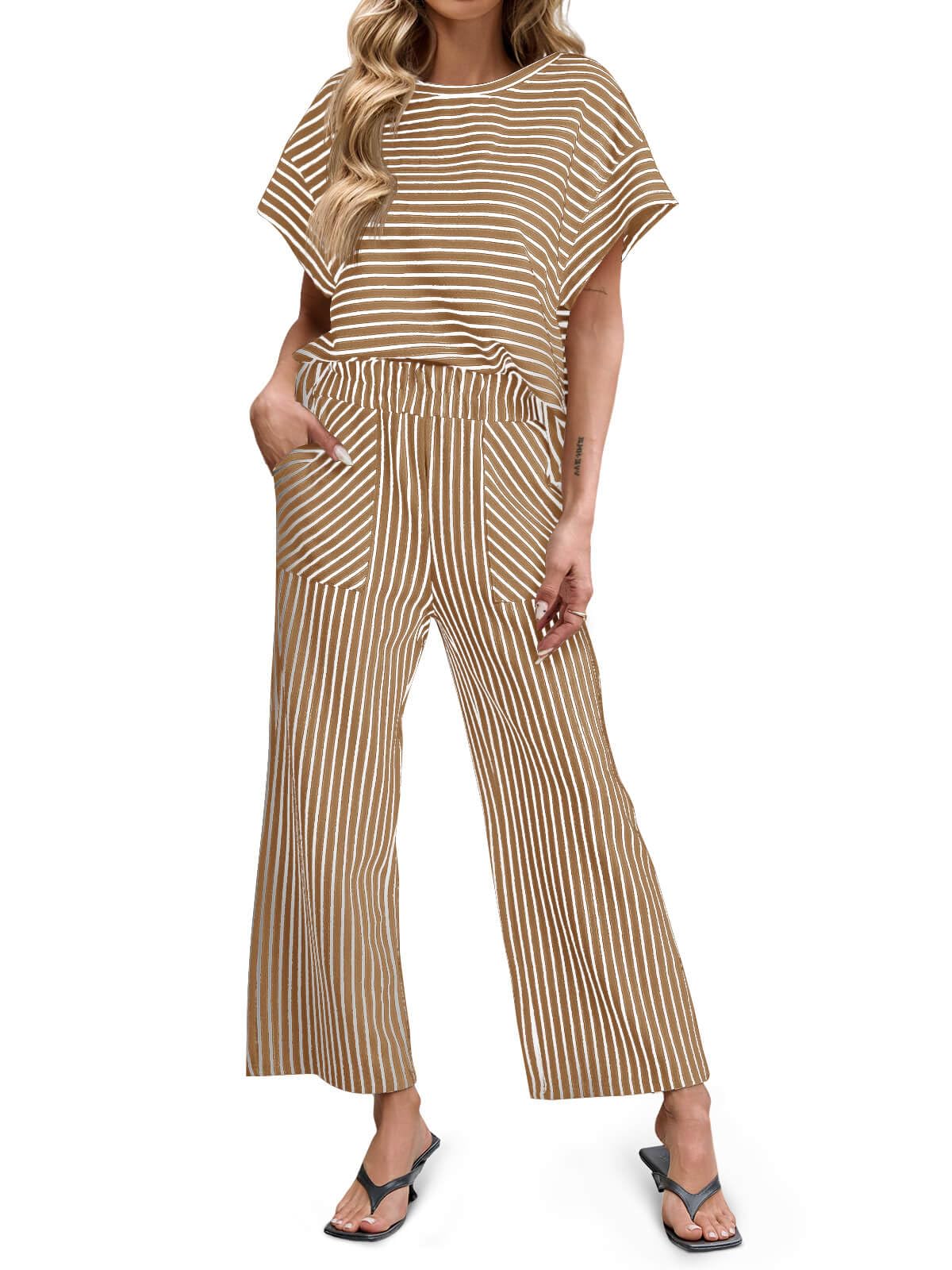 Women's Striped Short Sleeve Wide Leg Pants 2 Piece Sets with Pockets