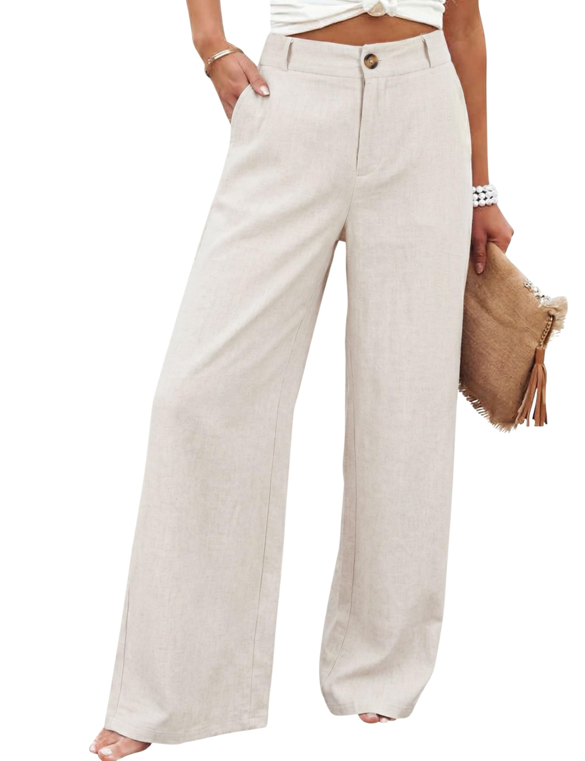 Women's Cotton Linen Casual Button Up Wide Leg Pants