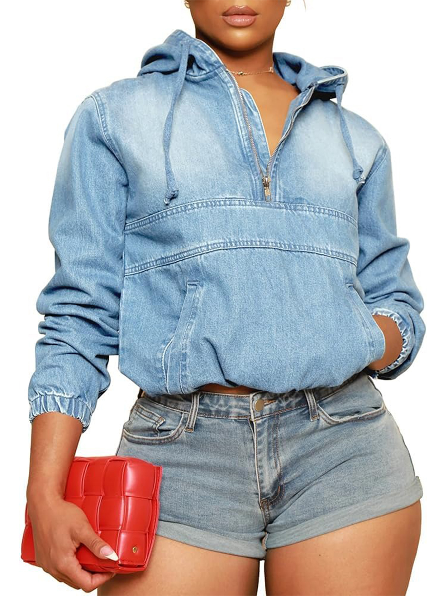 Women's Half Zip Denim Hoodie Pullover Jean Tops