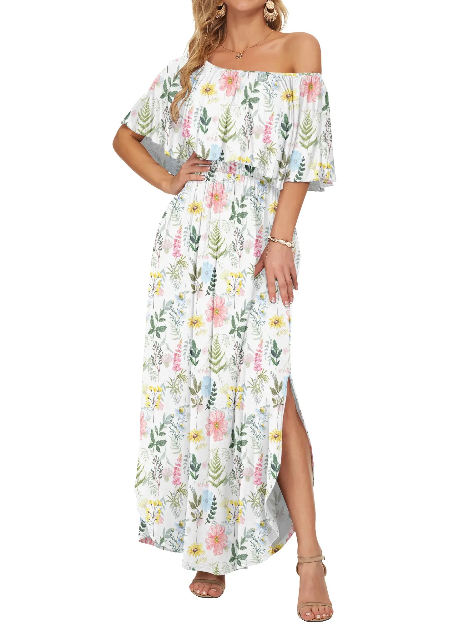 HOT SALE Women's Off Shoulder Ruffle Short Sleeve Side Split Maxi Dresses with Pockets