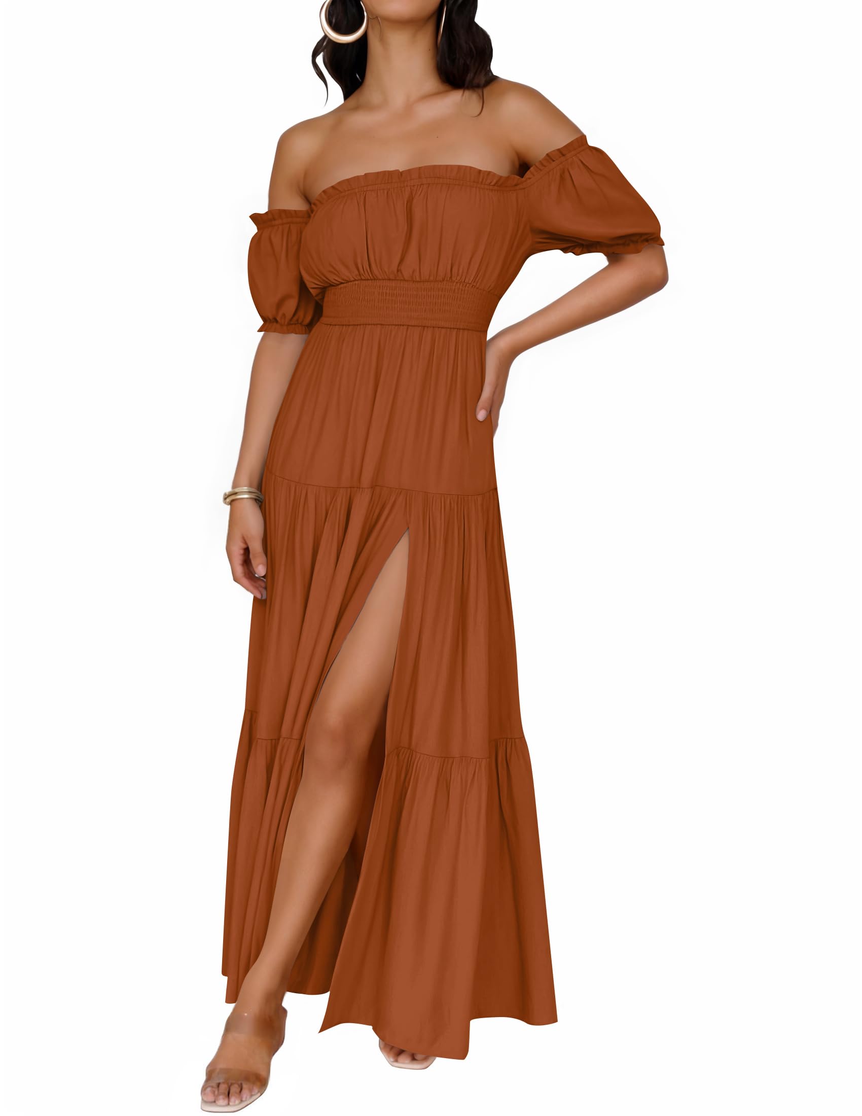 Women's Boho Sexy Off Shoulder Short Sleeve Smocked Flowy Dress