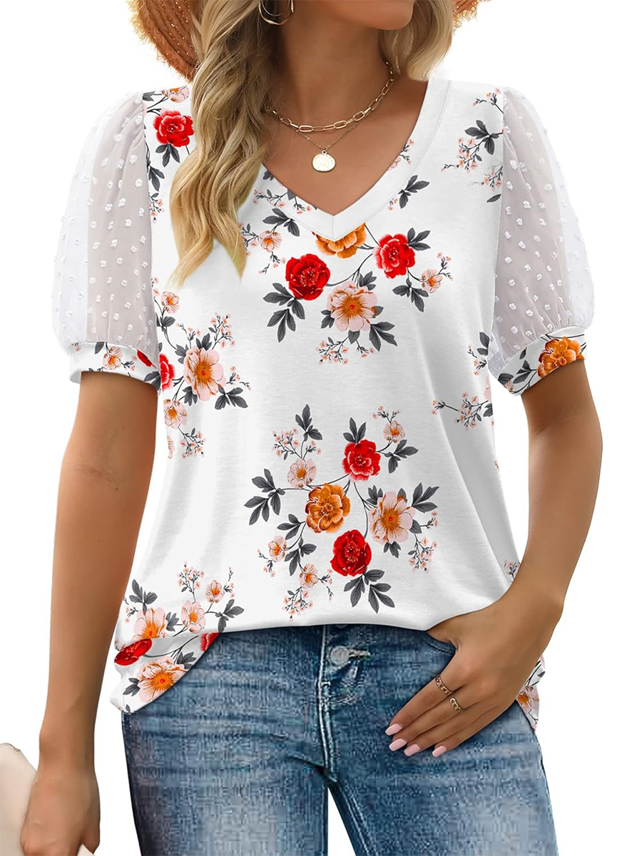 Women's Printed V Neck Swiss Dot Puff Sleeve Loose Casual T-Shirt